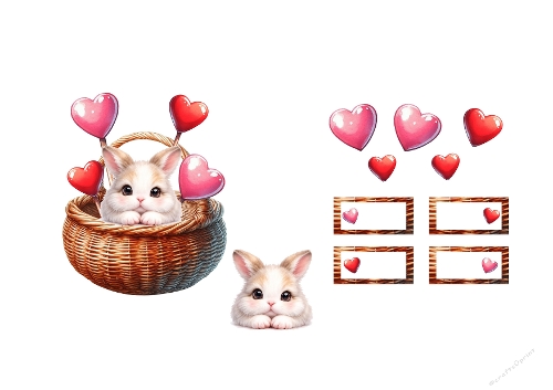 Adorable Fluffy Bunny in Basket 3D Topper - Heart Balloons & Tags A4 Digital Kit