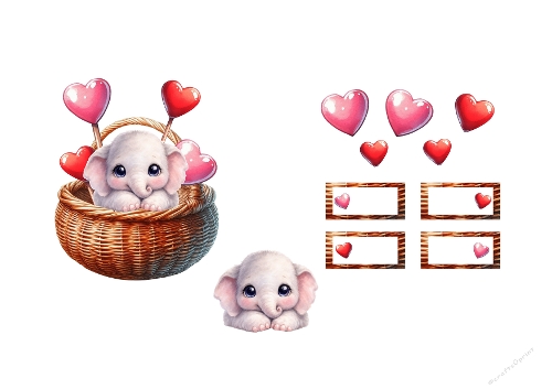 Sweet Baby Elephant in Basket 3D Topper - Heart Balloons & Tags A4 Digital Kit