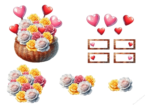 Golden Rose Basket 3D Topper - Romantic Floral Hearts A4 Digital Kit