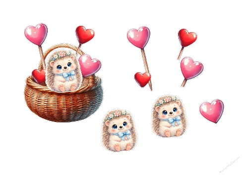 Sweet Hedgehog in Basket 3D Topper - Heart Balloons & Floral Crown A4 Digital Kit