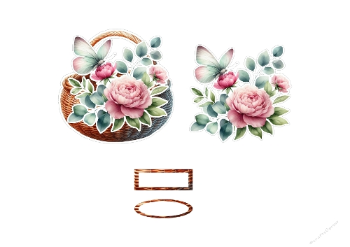 Pink Peony & Mint Butterfly 3D Topper - Wicker Basket Floral A4 Digital Kit