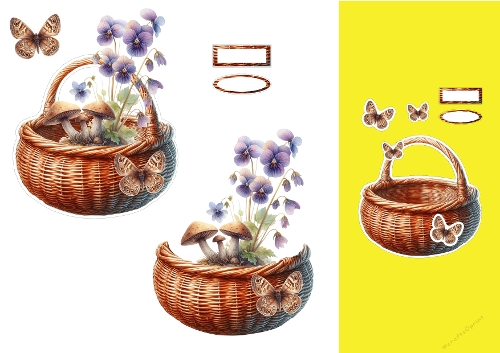 Kit Topper 3D Panier Enchanté - Pensées Violettes, Champignons et Papillons - Planche A4 Digitale