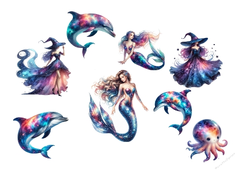 3D Topper Kit: Cosmic Galaxy Magic - Mermaids, Witches & Sea Creatures - Aquarelles Galaxie - A4