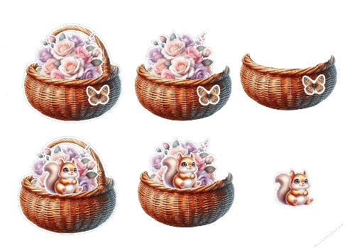 3D Topper Kit: Floral Wicker Baskets with Cute Squirrel & Butterfly - Paniers dOsier Fleuris, Écureuil & Papillon - A4