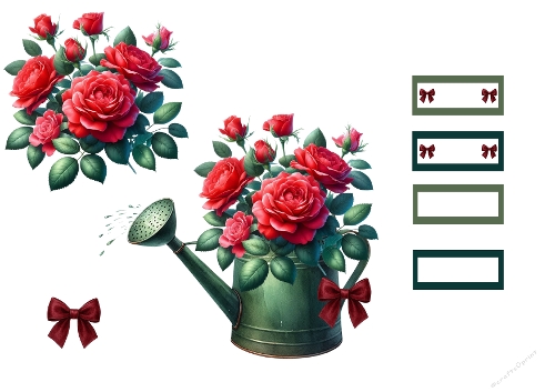 3D Topper Kit: Vintage Garden Watering Can & Red Roses - Arrosoir de Jardin & Roses Rouges - A4