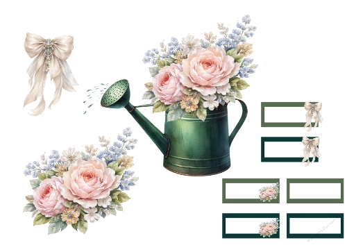 3D Topper Kit: Shabby Chic Garden Watering Can & Pastel Roses - Arrosoir Shabby Chic & Roses Pastels - A4