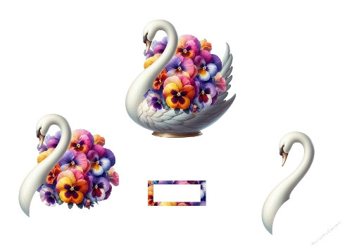3D Topper Kit: Elegant Swan Planter & Vibrant Pansies - Cygne de Jardin & Pensées Multicolores - A4
