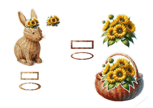 3D Topper Kit: Wicker Bunny & Golden Sunflowers - Country Garden Decor - Lapin en Osier & Tournesols Dorés - Décor de Campagne - A4