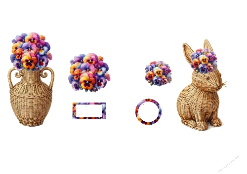 3D Topper Kit: Rustic Wicker Collection - Bunny & Vase with Pansies - Collection Osier Rustique : Lapin & Vase aux Pensées - A4