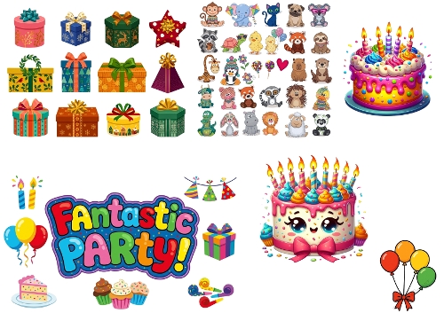 Mega Kids Party Kit: Kawaii Cakes, Gifts & Cute Animals - Kit Géant Anniversaire : Gâteaux Kawaii, Cadeaux & Animaux Mignons - A4