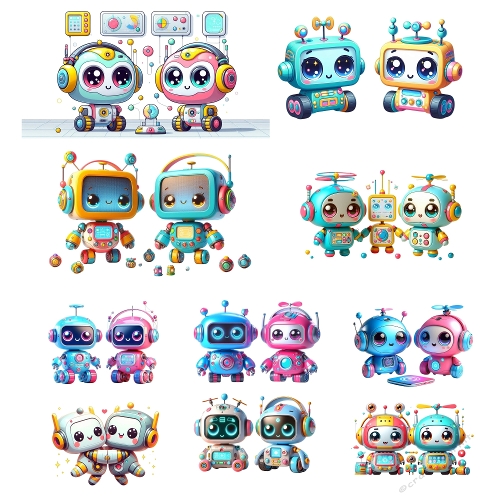 Mega Kids Kit: Kawaii Robots & Cyber Friends - Colorful Tech Buddies - Kit Géant Enfants : Robots Kawaii & Amis Cyber - Petits Compagnons High-Tech - A4