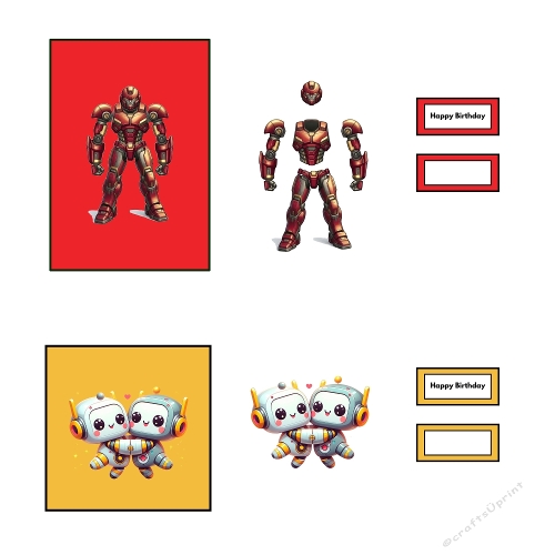 3D Topper Kit: 2 Robot Adventure Cards - Heroic Mech & Cute Kawaii Duo - Kit 2 Cartes Robots 3D : Armure Héroïque & Duo Kawaii - A4