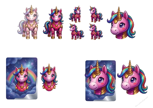 3D Topper Kit: Cyber Unicorns & Rainbow Stars - 2 Greeting Cards & Elements - Kit 3D : Licornes Cyber & Étoiles Arc-en-Ciel - 2 Cartes & Éléments - A4