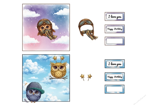 3D Topper Kit: Adventurous Owls - Aviator & Starry Skies - Kit 3D : Chouettes Aventureuses - Aviatrice & Cieux Étoilés - A4