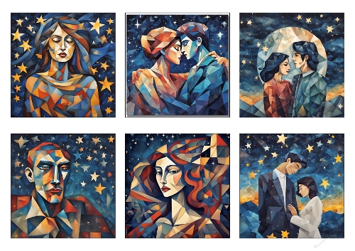 Cubist Starry Night: Artistic Couples & Portraits - Geometric Night Sky Art - Kit Cubisme : Nuits Étoilées & Portraits Géométriques - 6 Designs - A4