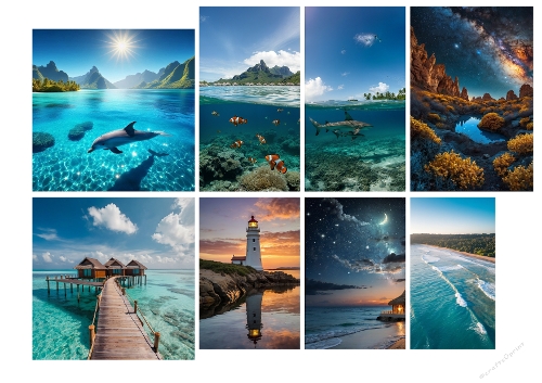 Scenic Paradise Collection: Tropical Beaches, Marine Life & Night Skies - 8 Stunning Landscapes - Kit Paysages de Rêve : Plages Tropicales, Vie Marine & Ciels Étoilés - A4