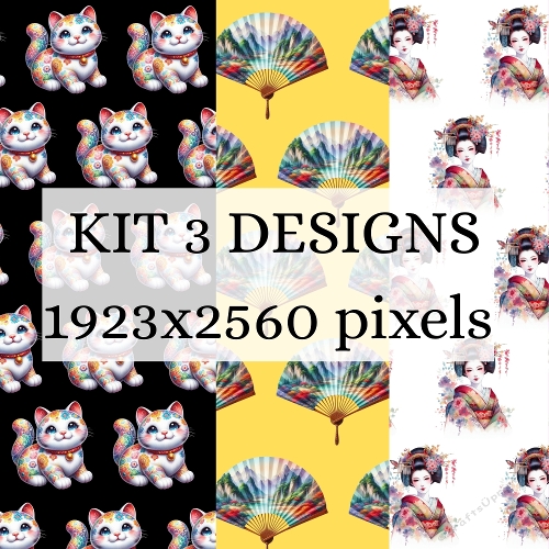 Japanese Essence 3-Design Kit - Maneki-Neko, Oriental Fans & Geisha Patterns (Kit 3 Designs Essence du Japon - Chat Maneki-Neko, Éventails & Geishas)