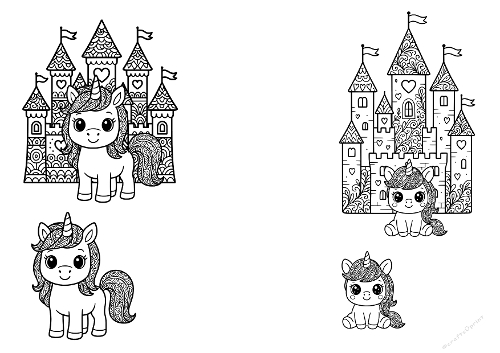 2-Card 3D Coloring Kit - Kawaii Zentangle Unicorns & Magic Castle (Kit 2 Cartes 3D à Colorier - Licornes Kawaii Zentangle & Château Magique)