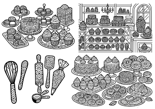 Sweet Pastry & Bakery Zentangle Coloring Kit - 4 Gourmet Art Designs (Kit de Coloriage Pâtisseries & Boulangerie Zentangle - 4 Designs Gourmands)