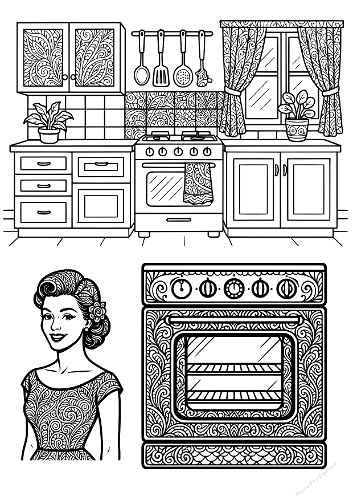 Retro 1950s Kitchen Zentangle Kit - Vintage Lady & Decorative Stove Art (Kit Zentangle Cuisine Rétro Années 50 - Art Vintage Femme & Cuisinière Décorative)