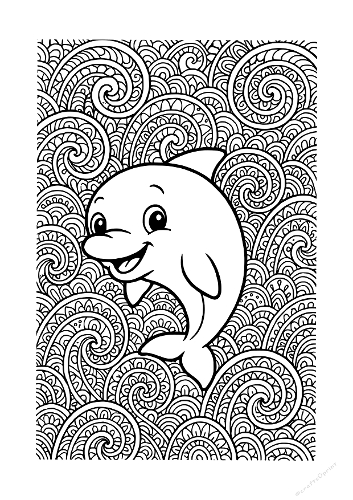 Happy Dolphin Zentangle Coloring Page - Ocean Waves Mandala Art (Coloriage Dauphin Joyeux Zentangle - Art Mandala Vagues de lOcéan)