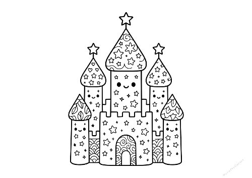 Kawaii Star Castle Coloring Page - Cute Magical Palace Zentangle Art(Coloriage Château Étoilé Kawaii - Art Zentangle Palais Magique Mignon)