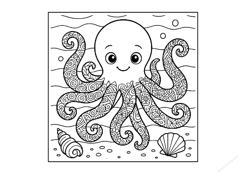 Cute Zentangle Octopus Coloring Page - Friendly Sea Creature Mandala Art (Coloriage Poulpe Mignon Zentangle - Art Mandala Créature Marine)