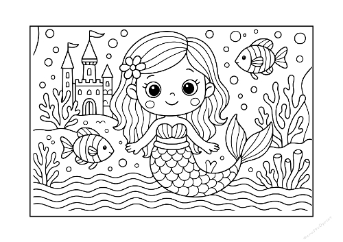 Cute Kawaii Mermaid Coloring Page - Magical Underwater Kingdom Art (Coloriage Petite Sirène Kawaii - Art Royaume Magique Sous-Marin)