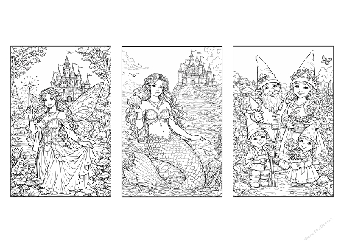 Magical Fantasy World Coloring Kit - 3 Detailed Adult Coloring Pages (Kit de Coloriage Monde Féerique - 3 Pages Détaillées pour Adultes)