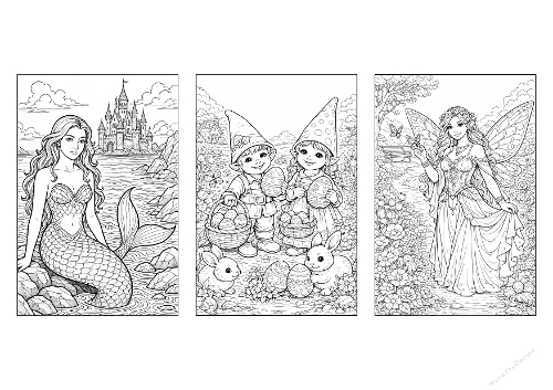 Easter Fantasy Coloring Kit - 3 Detailed Adult Pages: Mermaid, Elves & Fairy (Kit de Coloriage Fantaisie de Pâques - 3 Pages Adultes : Sirène, Elfes & Fée)