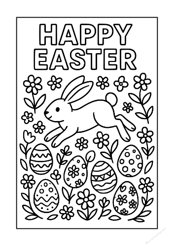 Happy Easter Jumping Bunny Coloring Page - Spring Flowers & Eggs Art (Coloriage Joyeuses Pâques Lapin Bondissant - Art Fleurs de Printemps & Œufs)