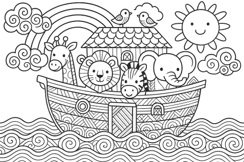 Noahs Ark Zentangle Coloring Page - Cute Animals & Patterned Ocean Waves (Coloriage Arche de Noé Zentangle - Animaux Mignons & Vagues à Motifs)
