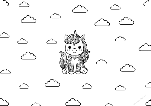 Cute Zentangle Baby Unicorn Coloring Page - Magical Clouds & Stars Art (Coloriage Bébé Licorne Zentangle - Art Magique Nuages & Étoiles)