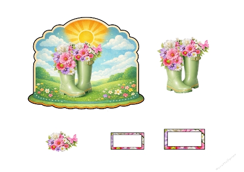 Spring Garden Wellington Boots 3D Decoupage Kit - Sunny Meadow Flower Card(Kit Découpage 3D Bottes de Jardin au Printemps - Carte Fleurie Prairie Ensoleillée)