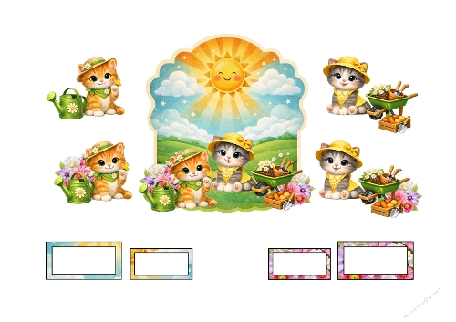 Cute Gardening Kittens 3D Decoupage Kit - Sunny Spring Meadow Card(Kit Découpage 3D Chatons Jardiniers - Carte Printanière Prairie Ensoleillée)