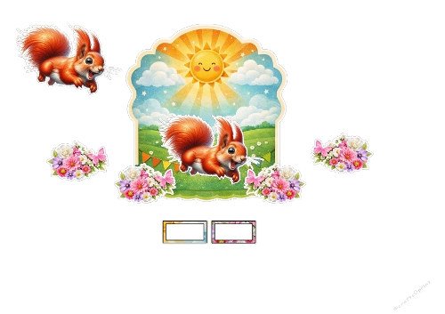 Playful Red Squirrel 3D Decoupage Kit - Sunny Meadow & Spring Flowers Card (Kit Découpage 3D Écureuil Roux Joueur - Carte Prairie Ensoleillée & Fleurs de Printemps)