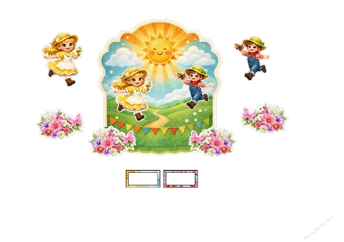 Happy Children Playing in Summer Meadow 3D Decoupage Kit - Sunny Birthday Card(Kit Découpage 3D Enfants Heureux Jouant dans la Prairie - Carte dAnniversaire Ensoleillée)