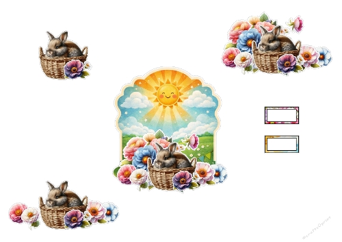 3D Topper Kit: Sweet Spring Bunny in Wicker Basket - Sunny Meadows & Floral Garden - Kit 3D : Doux Lapin de Printemps en Panier - Prés Ensoleillés & Jardin Fleuri - A4