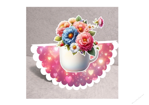 3D Floral Rocker Card Kit: Spring Bouquet in a Cup - Easy to Make - Kit Carte Culbuto 3D : Bouquet de Printemps en Tasse - Facile à Réaliser - A4