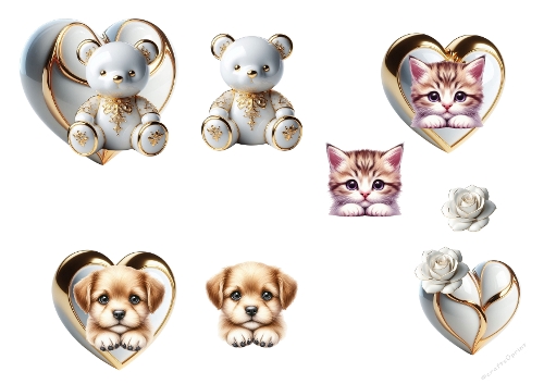 Luxury Porcelain Animals & Hearts Clipart Set – Teddy Bear, Kitten, Puppy & Roses