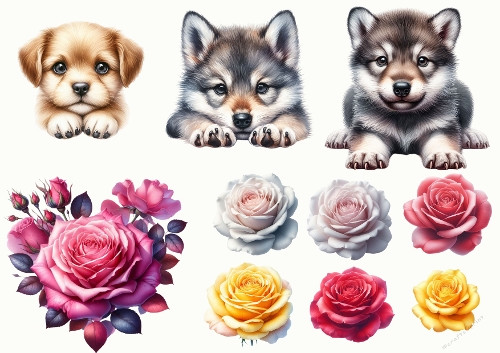 Cute Puppies & Roses Clipart Set – Adorable Dogs with Floral Elements