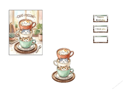 3D Card – Chat‑Puccino Stacked Coffee Cups with Cute Cat Foam Art