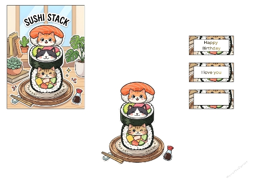 3D Card – Sushi Stack Cats with Cute Kawaii Foam Art & Sentiments