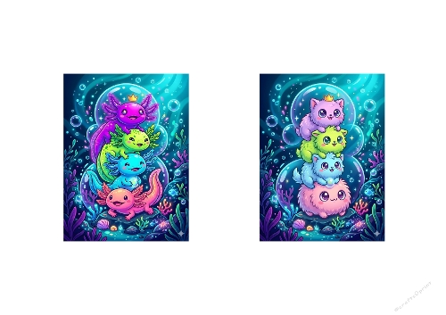 Underwater Fantasy Creatures Collage – Colorful Axolotl Stack and Pastel Cat Stack Illustration