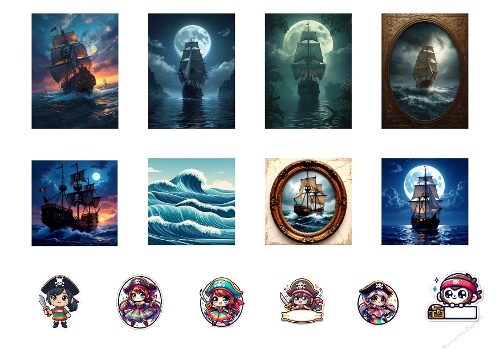 Pirate Ships and Characters Collage – Set of 14 Ocean Scenes and Cartoon Pirates