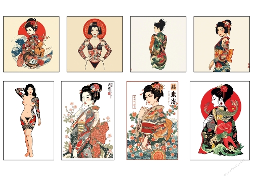 Japanese Tattooed Women Illustration Set – Geisha and Modern Style Art Collage