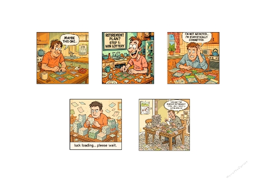 Mini Card Kit – Funny Lottery Addiction & Retirement Plan Comic Panels