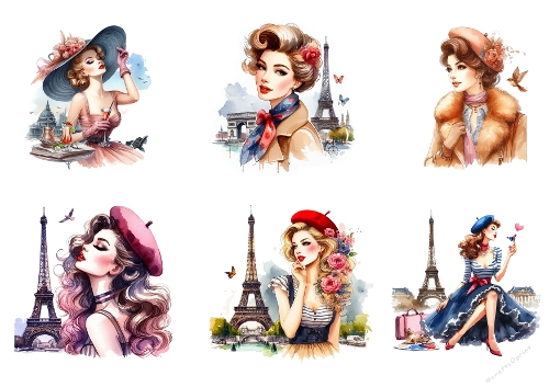 Paris Fashion Ladies Image Kit – Chic Women with Eiffel Tower & Vintage Details