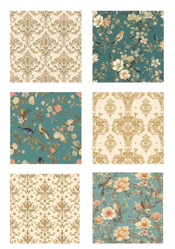 6 Backgrounds Image Kit – Vintage Damask & Floral Birds Collection