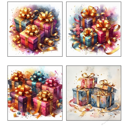 Set of 4 Festive Gift Box Illustrations – Colorful Presents, Ribbons & Celebration Art